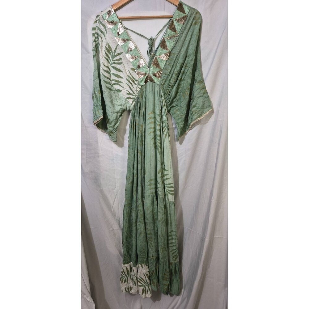 Siya Green Medium Large Maxi Embellished Tropical Beach Travel Colorful Dress